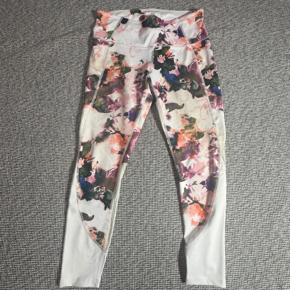 Apana Womens Floral Mesh Pocket Activewear Leggings White Pink Purple Size M